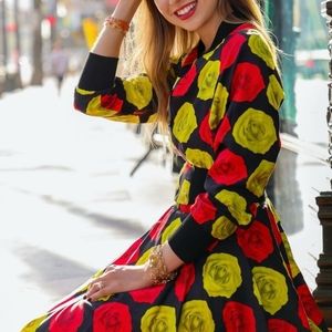 Costom made two piece floral baseball jacket w/matching knee length swing skirt.